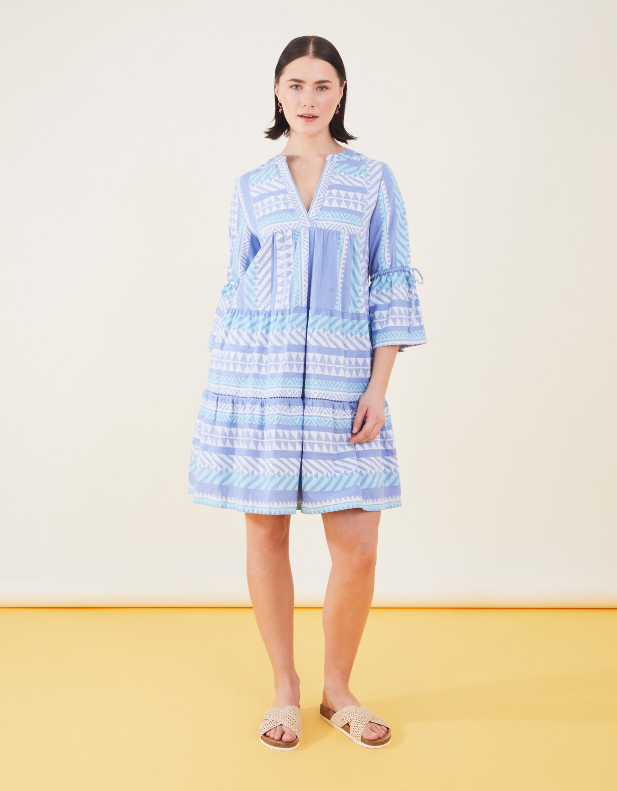 Print Jacquard Flute Sleeve Dress Blue