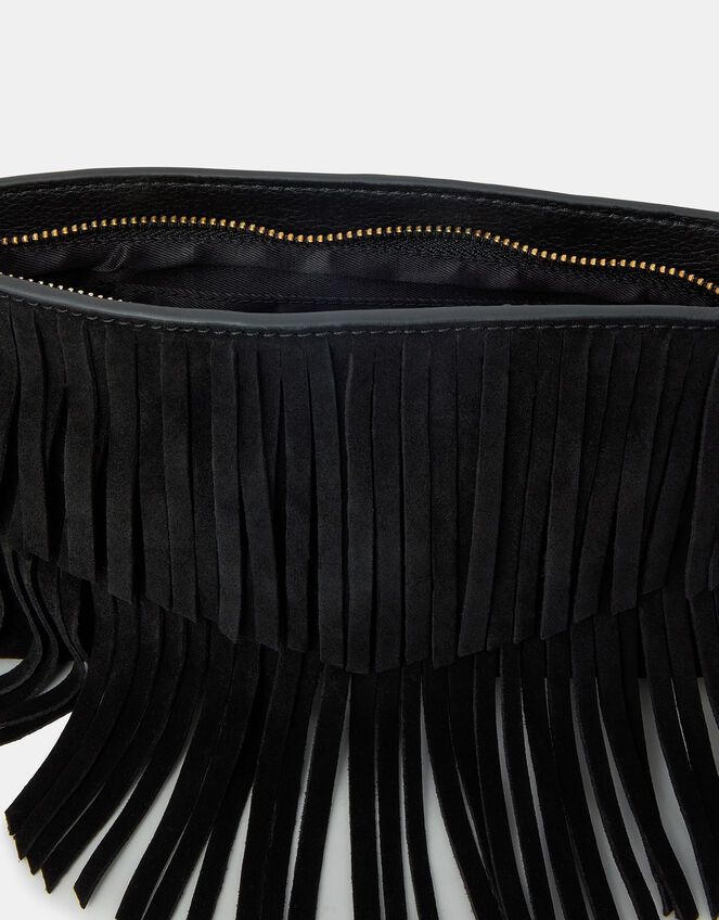 Suede Fringe Crossbody Bag, Black (BLACK), large