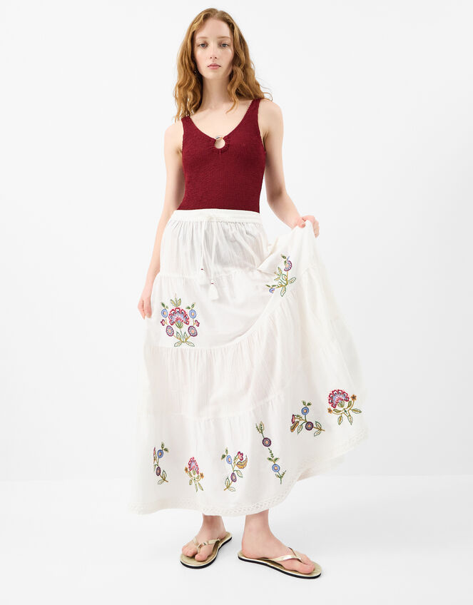 Floral Embroidered Tiered Maxi Skirt, Ivory (IVORY), large