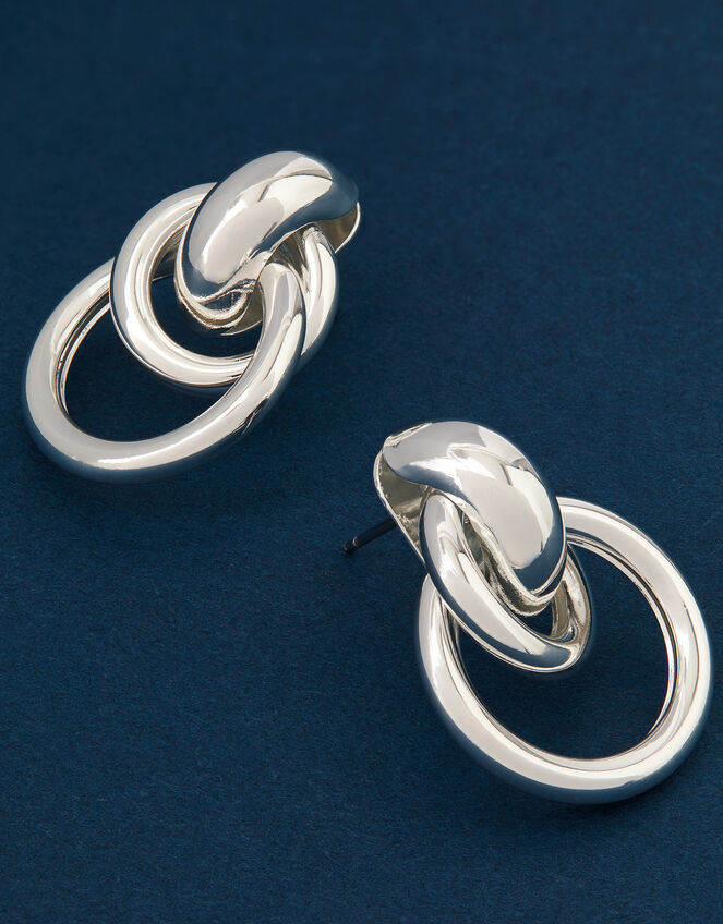 Sterling Silver-Plated Round Link Hoop Earrings, , large