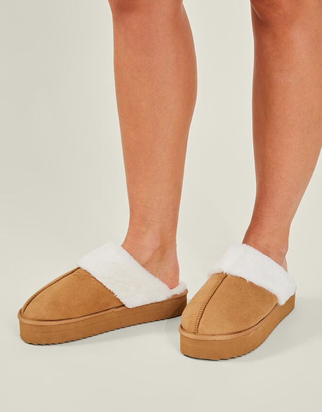 Suedette Platform Mule Slippers, Tan (TAN), large
