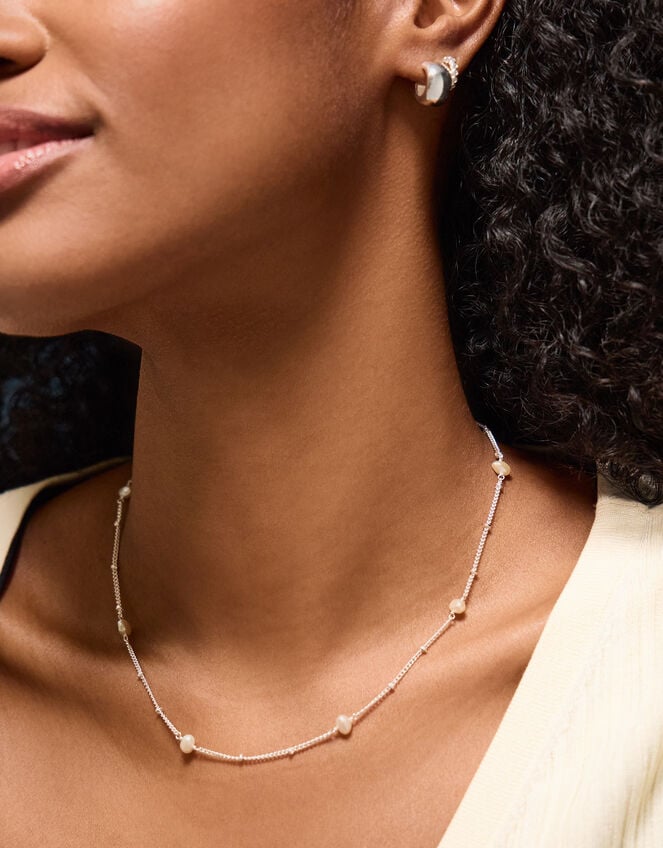 Sterling Silver-Plated Pearl Station Necklace, , large