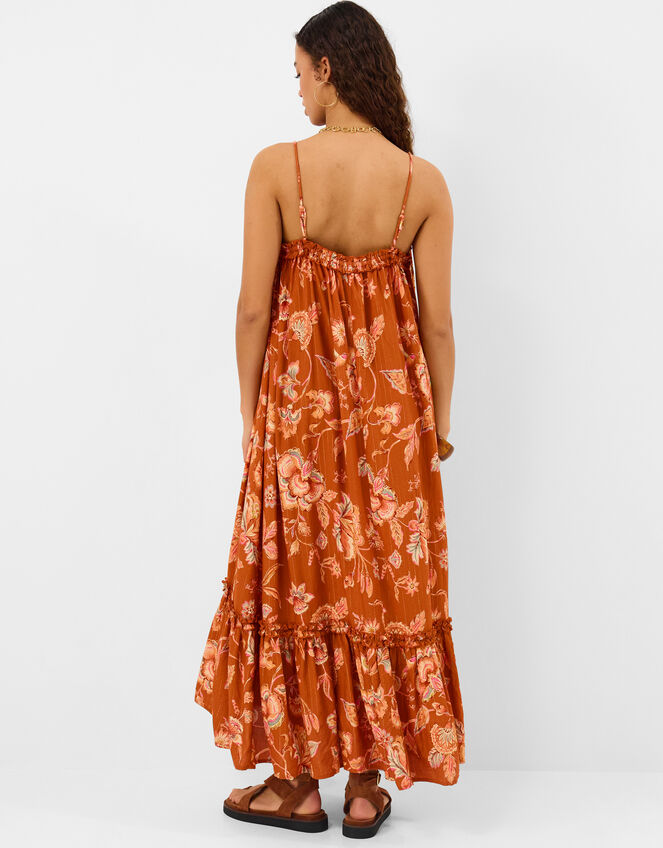 Sleeveless Floral Shimmer Maxi Dress, Orange (RUST), large