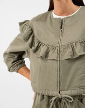 Ruffle Denim Jacket, Green (KHAKI), large
