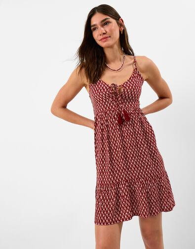 Flower Print Mini Dress, Red (BURGUNDY), large