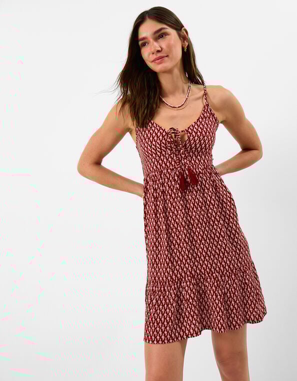 Flower Print Mini Dress, Red (BURGUNDY), large