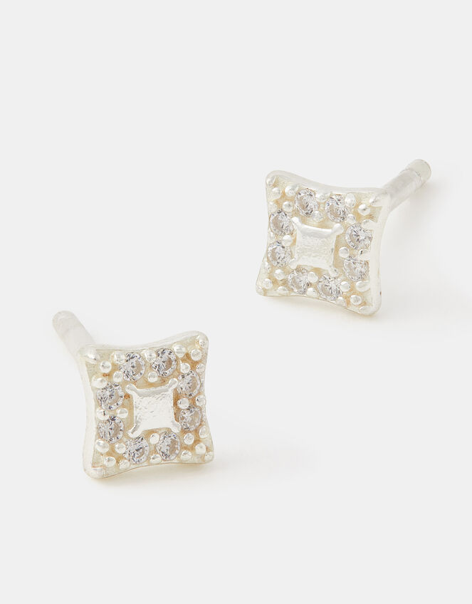Sterling Silver Square Diamanté Stud Earrings, , large