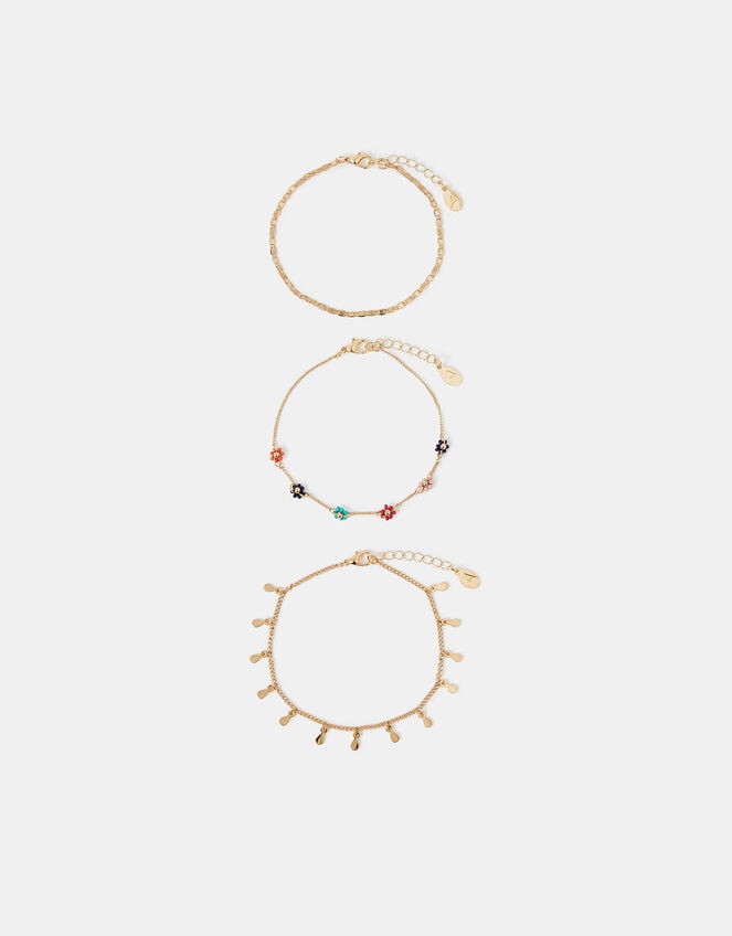 3-Pack Bead Flower Charm Anklets, , large