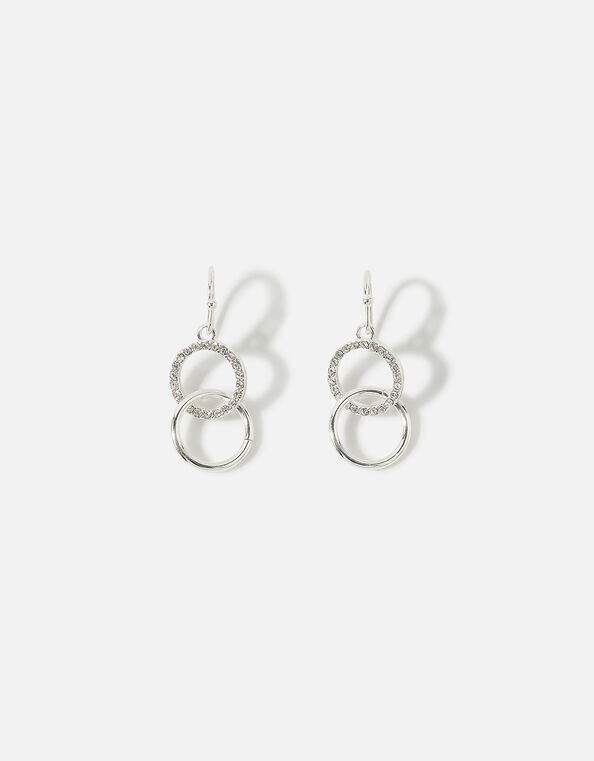 Pave Linked Circle Short Drop Earrings Silver, Silver (SILVER), large
