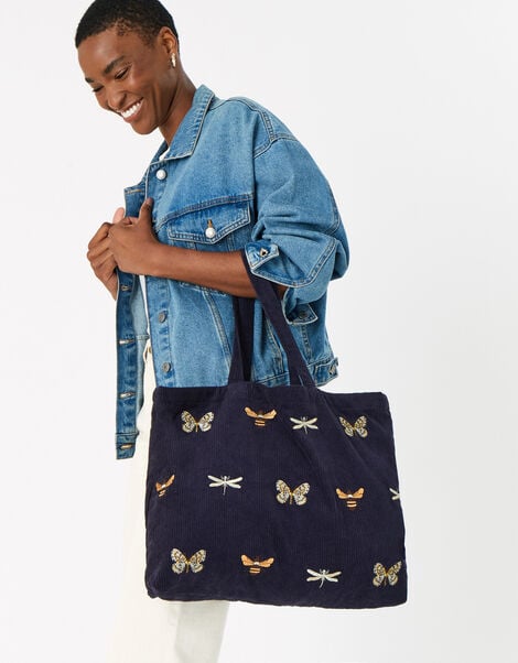Insect Embroidered Cord Shopper Bag Blue, Blue (NAVY), large