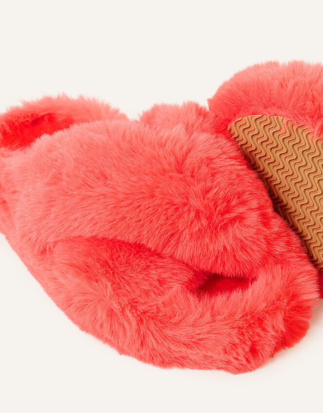 Faux Fur Crossover Sliders, Orange (CORAL), large