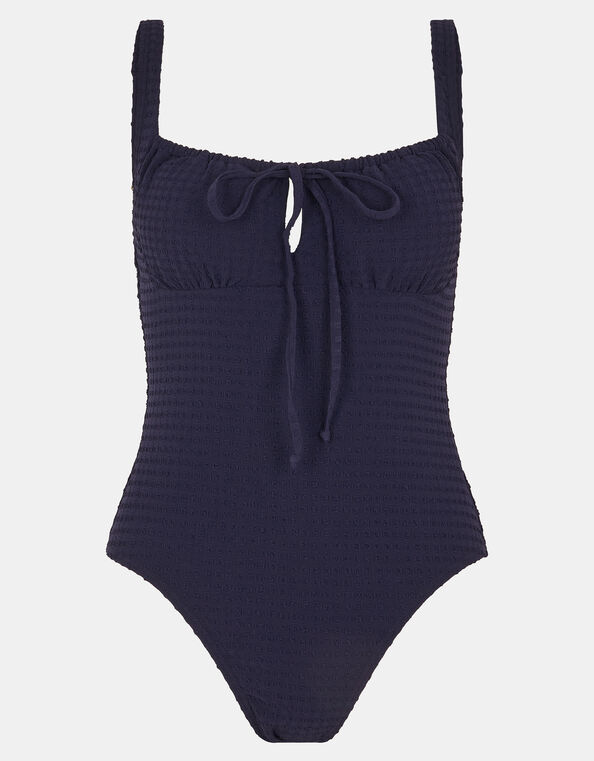 Seersucker Tie Front Swimsuit, Blue (NAVY), large