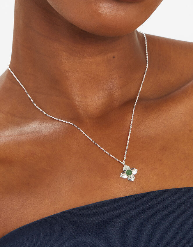 Sterling Silver-Plated Aventurine Clover Pendant Necklace, , large