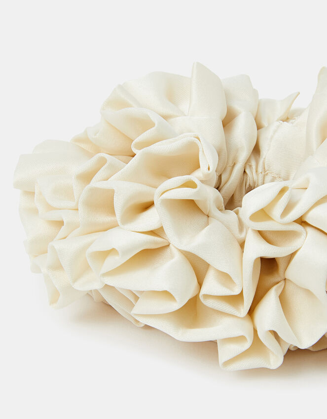 Oversized Ruffle Satin Hair Scrunchie Cream, , large
