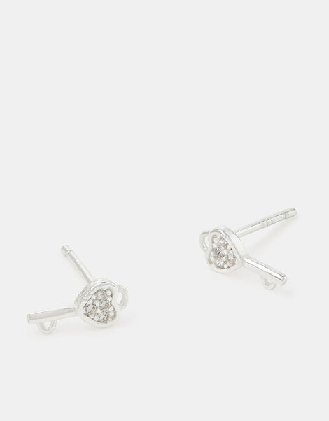 Sterling Silver Diamanté Key Stud Earrings, , large