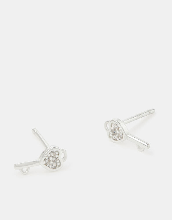 Sterling Silver Diamanté Key Stud Earrings, , large