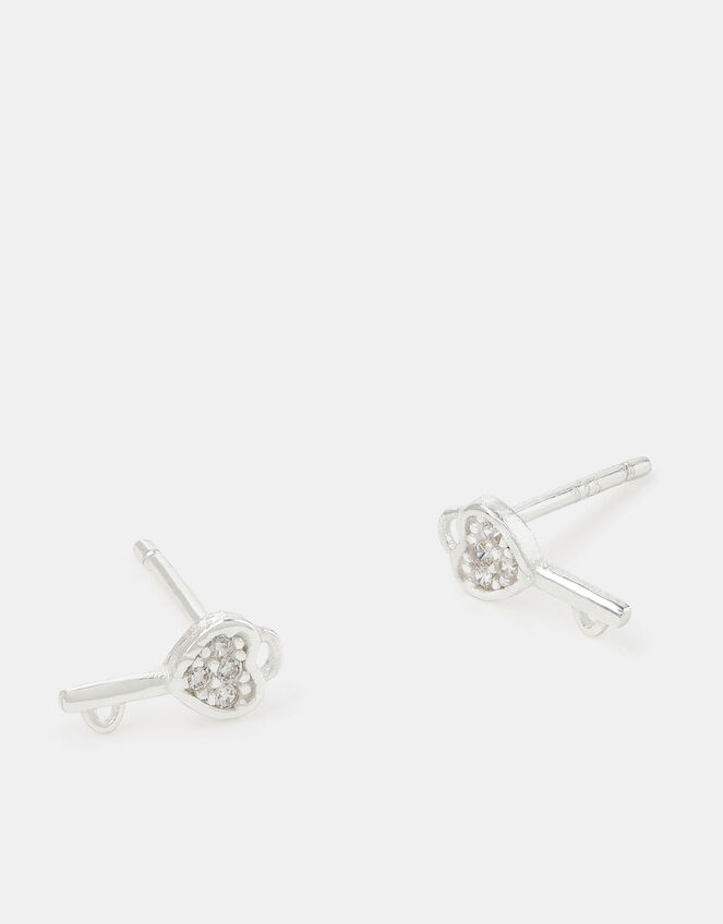 Sterling Silver Diamanté Key Stud Earrings, , large