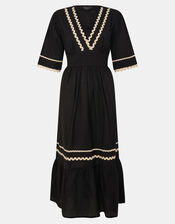V-Neck Ric Rac Midi Dress, Black (BLACK), large
