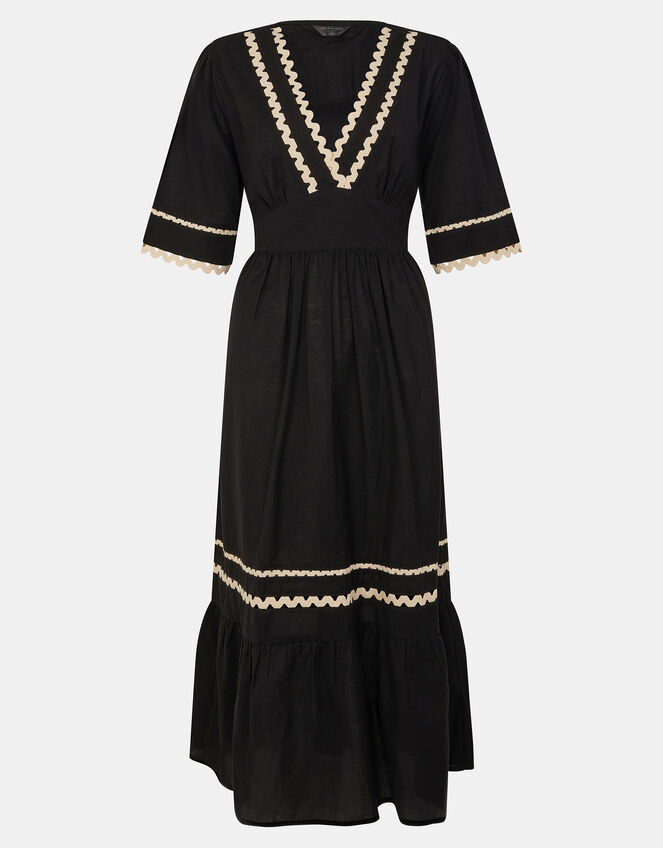 V-Neck Ric Rac Midi Dress, Black (BLACK), large