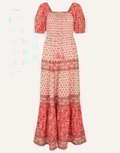 Shell Print Puff Sleeve Midi Dress, Orange (CORAL), large