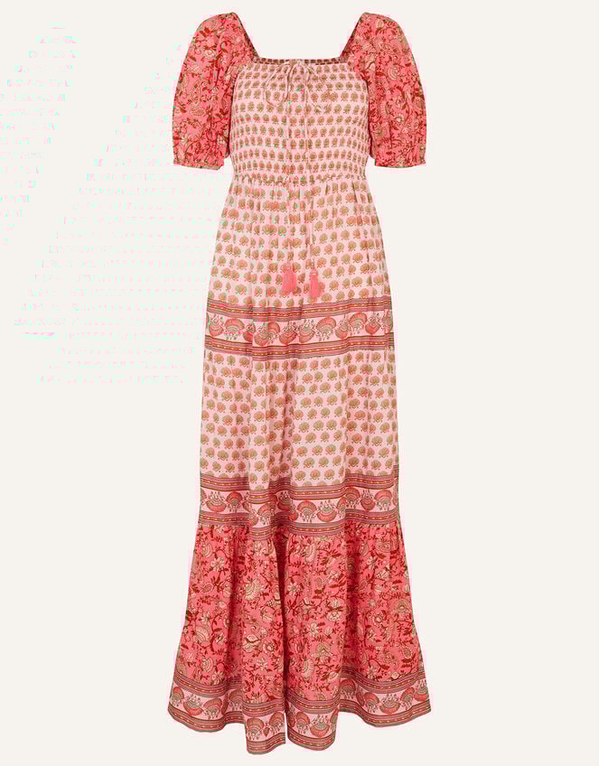 Shell Print Puff Sleeve Midi Dress, Orange (CORAL), large