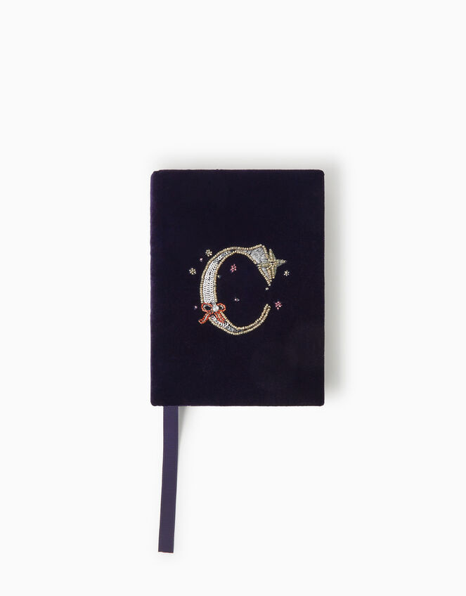 Sequin Initial Velvet Notebook, Blue (NAVY), large