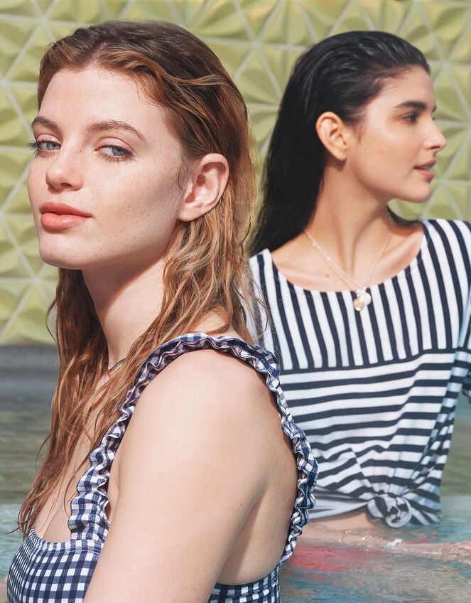 Gingham Ruffle Strap Bandeau Crop Top, Blue (NAVY), large