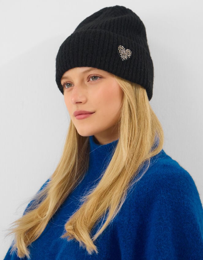Embellished Heart Beanie Hat, , large