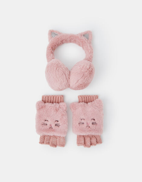 Girls Cat Faux Fur Earmuffs and Gloves Set, Pink (PINK), large