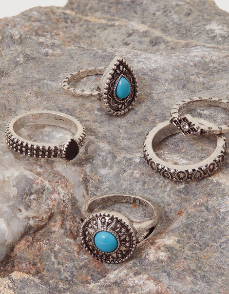 Gem Detail Bohemian Rings 5 Pack, Blue (TURQUOISE), large