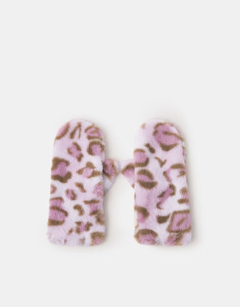 Girls Fluffy Leopard Print Mittens, Leopard (LEOPARD), large
