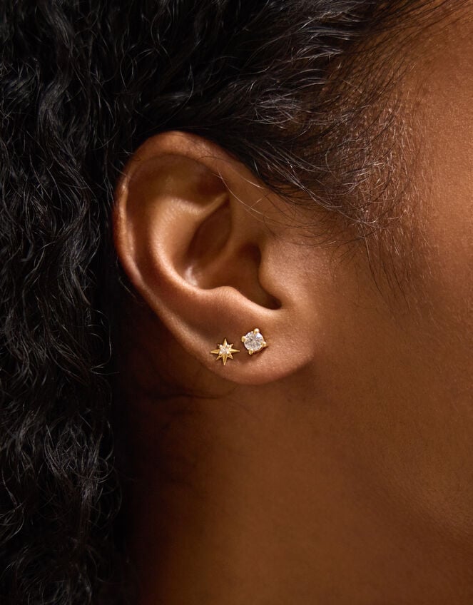 2-Pack 14ct Gold-Plated Diamanté Star Stud Earrings, , large