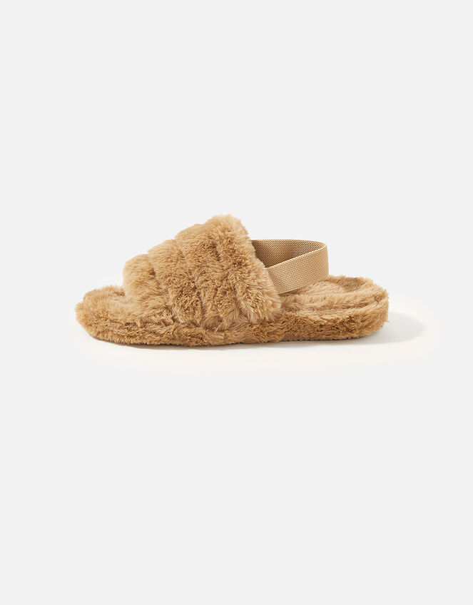 Faux Fur Strappy Slipper , Tan (TAN), large
