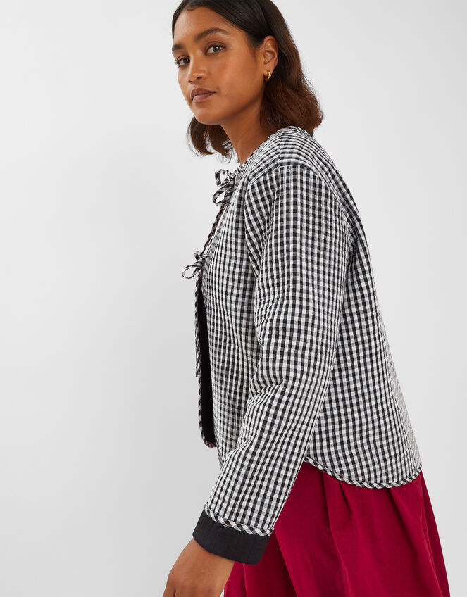 Gingham Tie-Front Quilted Jacket, Black (BLACK), large