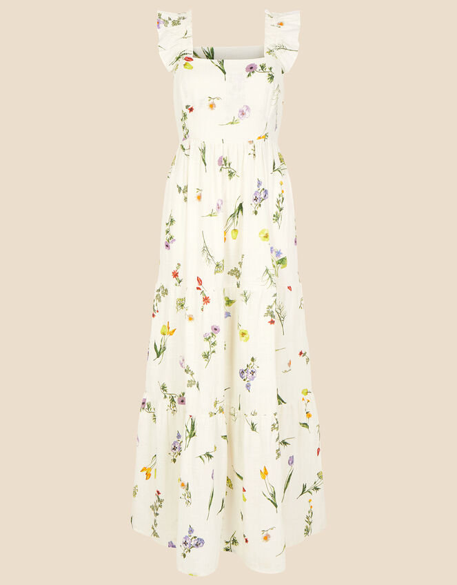 Botanical Tiered Floral Print Maxi Dress, Ivory (IVORY), large