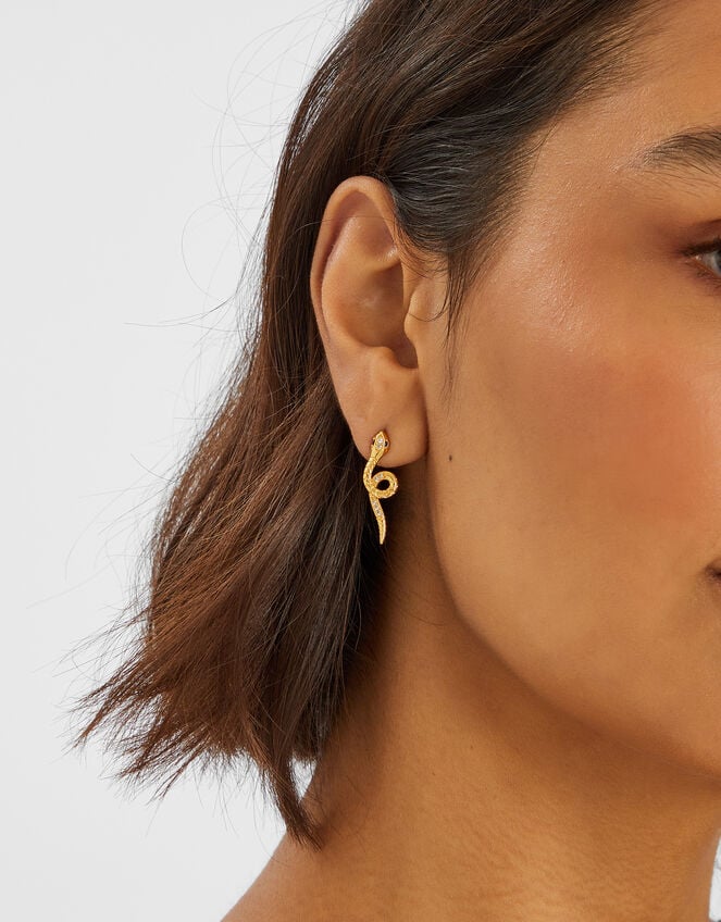 14ct Gold-Plated Snake Stud Earrings, , large