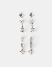 3-Pack Floral Stud & Hoop Earrings, Silver (SILVER), large