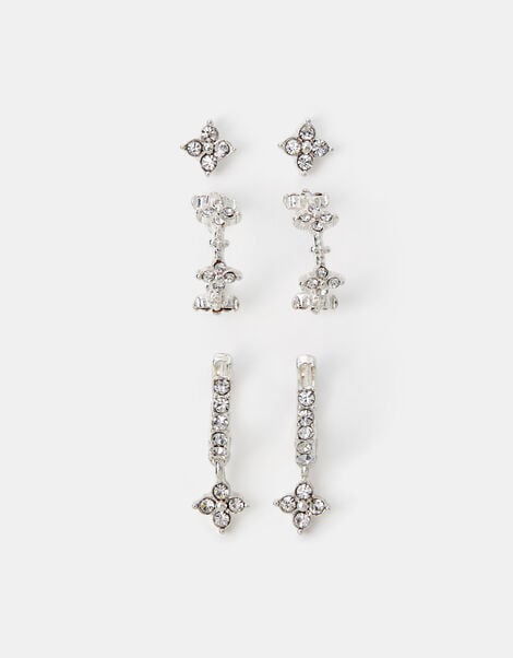 3-Pack Floral Stud & Hoop Earrings, Silver (SILVER), large