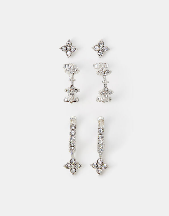 3-Pack Floral Stud & Hoop Earrings, Silver (SILVER), large