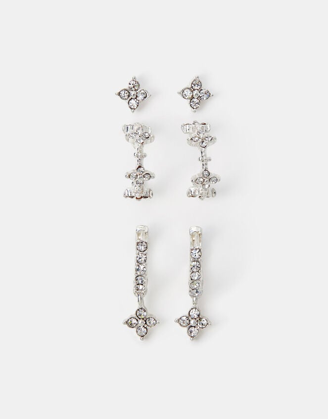 3-Pack Floral Stud & Hoop Earrings, Silver (SILVER), large