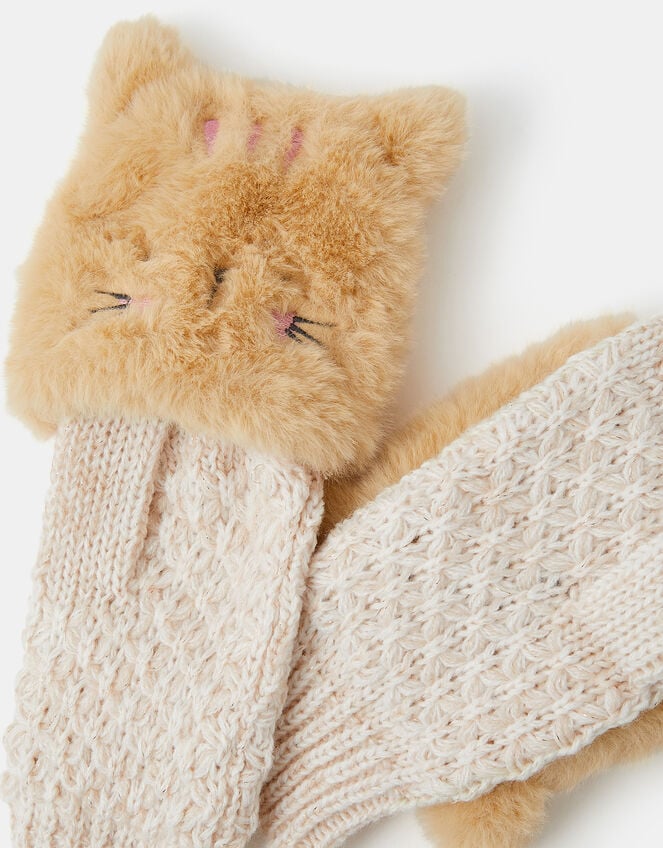 Girls Fluffy Cat Fingerless Gloves, Camel (BEIGE), large
