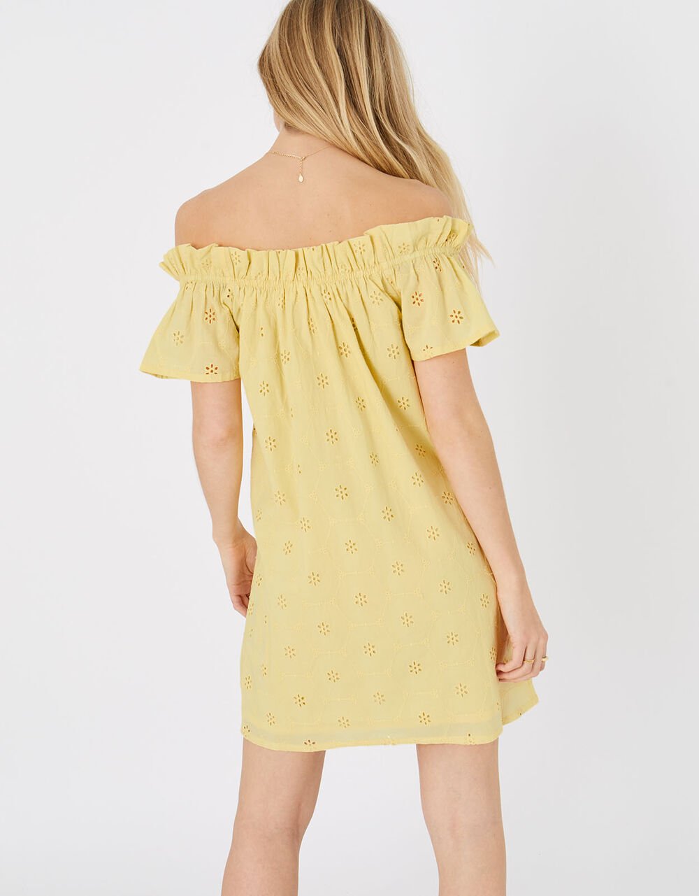 Schiffli Bardot Dress in Organic Cotton Yellow | Beach holiday dresses ...