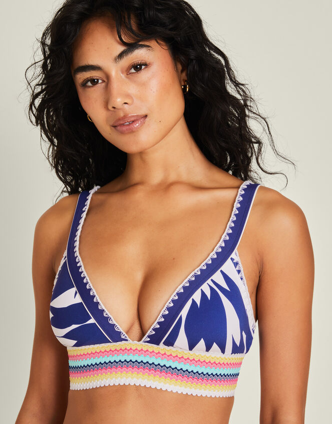 Embroidered Palm Print Bikini Top, Blue (BLUE), large