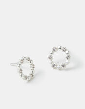 Sterling Silver-Plated Diamanté Circle Stud Earrings, , large