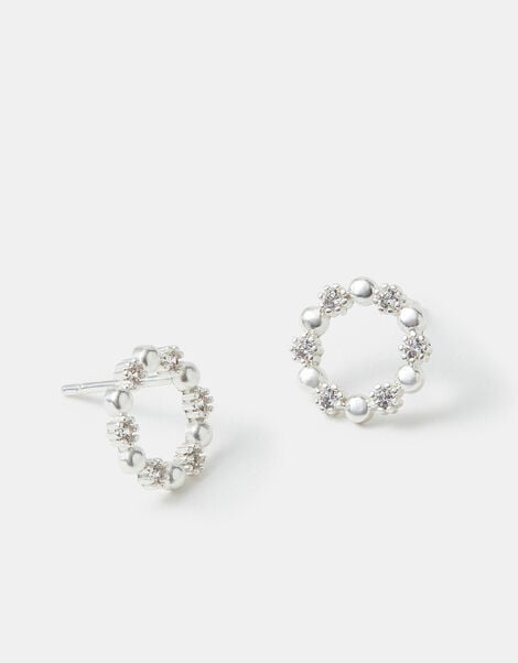 Sterling Silver-Plated Diamanté Circle Stud Earrings, , large