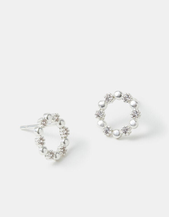Sterling Silver-Plated Diamanté Circle Stud Earrings, , large