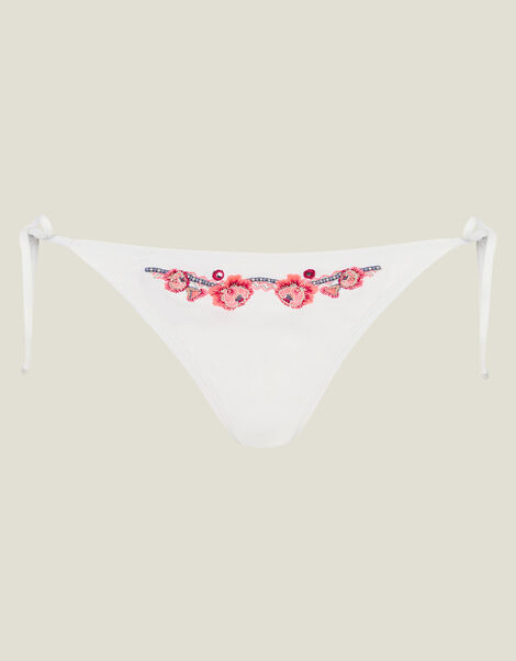 Floral Embroidered Bikini Bottoms, White (WHITE), large