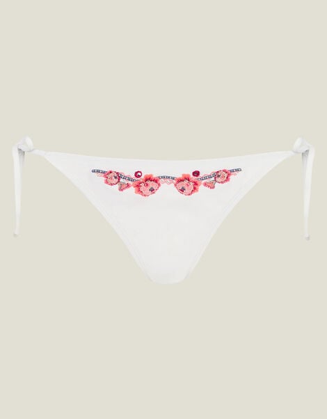 Floral Embroidered Bikini Bottoms, White (WHITE), large