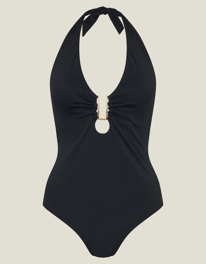One Piece Halter Neck Black Swimwear with Drawstring