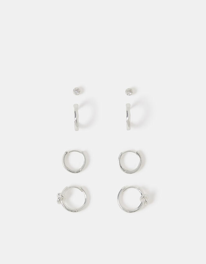 4-Pack Sterling Silver-Plated Knot Stud & Hoop Earrings, , large